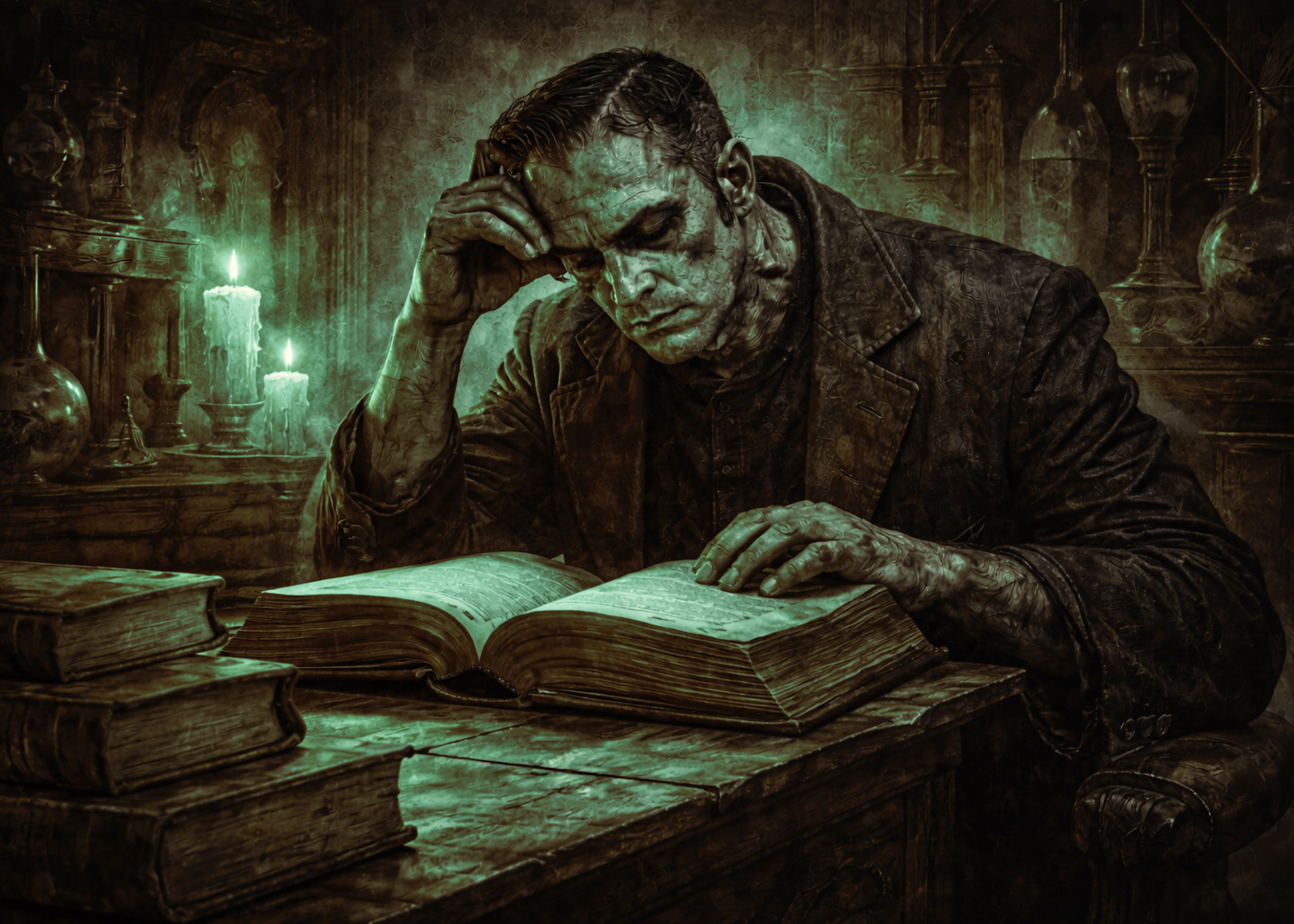 Illustration of Frankenstein's monster reading a large book in a candlelit room.