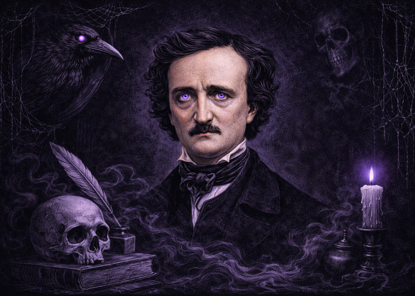 Illustration of Edgar Allan Poe in dark environment with a skill and quill, lit candlestick, and a raven in the upper corner.