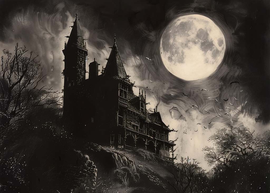 illustration of a haunted house at night with a full moon in the sky
