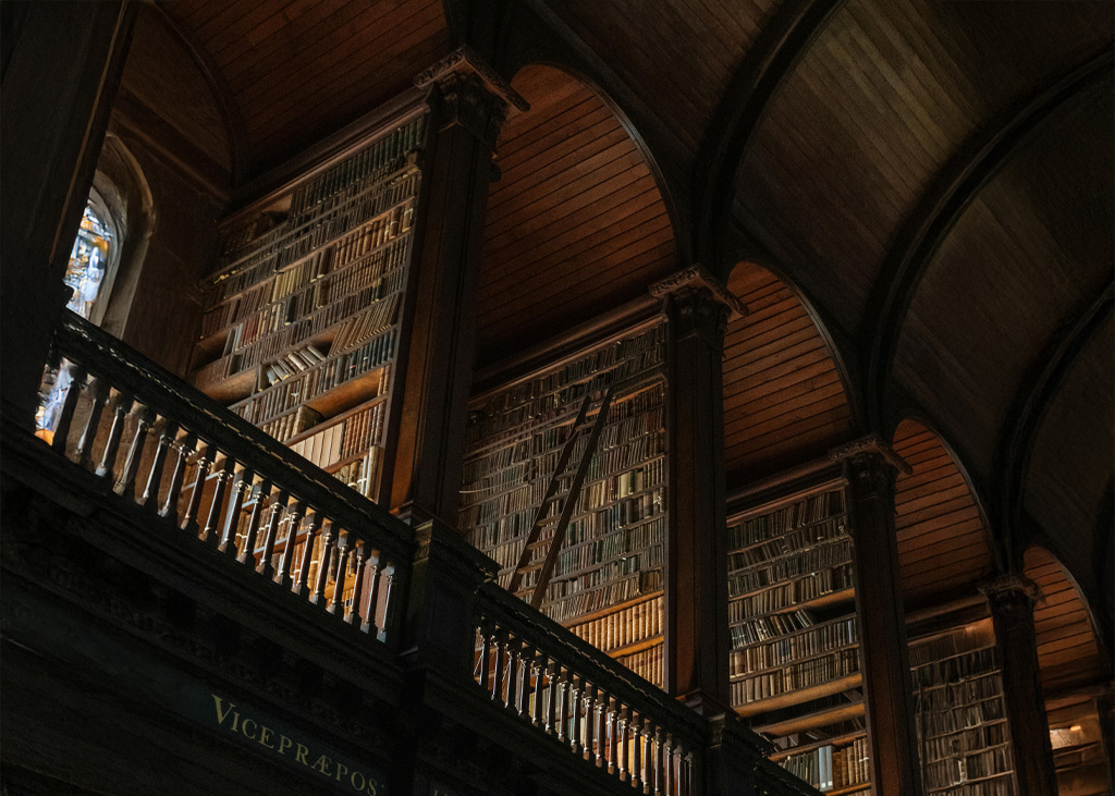 Second story of historic library with vaulted ceilings, viewed from below.