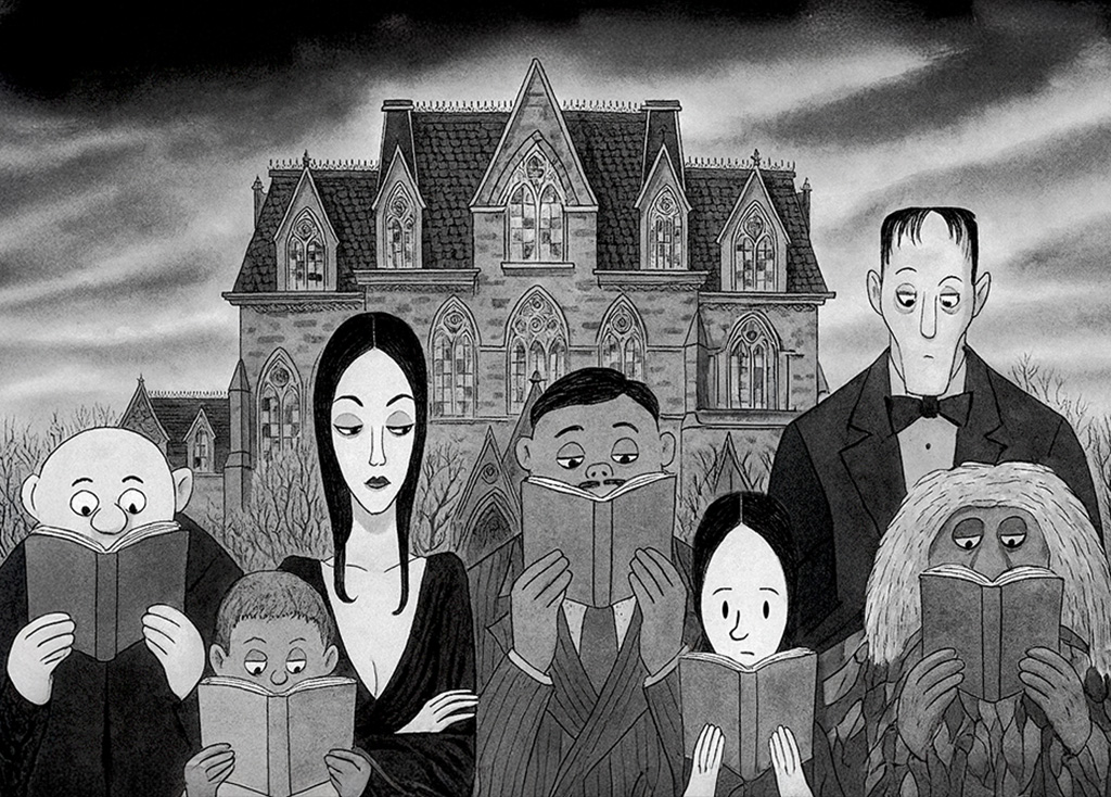 Cartoon of the Addams Family reading books in front of their home.