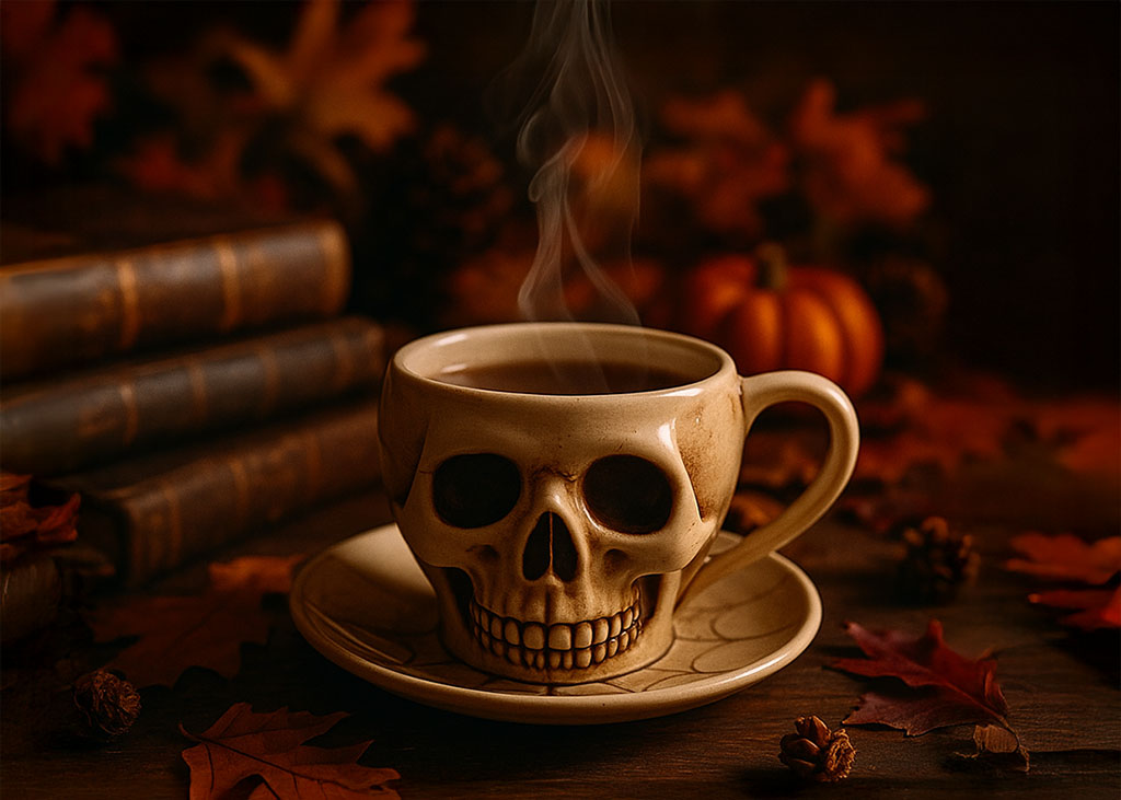 skull shaped mug filled with tea with old books and autumn leaves in the background