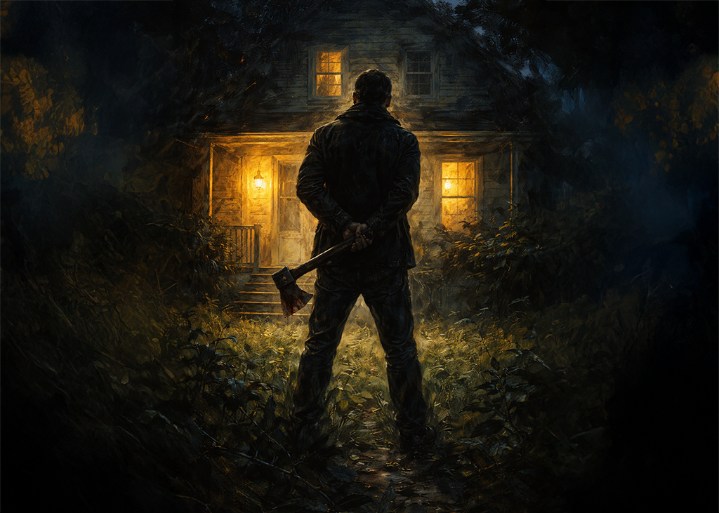 Man holding an axe, standing in silhouette in front of a house at night.
