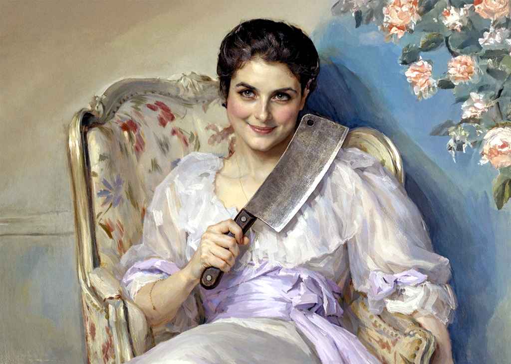 An illustrated Victorian-era woman sits calmly in an upholstered chair, wearing a pale, flowing dress and holding a kitchen knife upright in one hand. Her composed expression and faint smile contrast with the domestic setting, creating an unsettling, psychologically tense atmosphere.