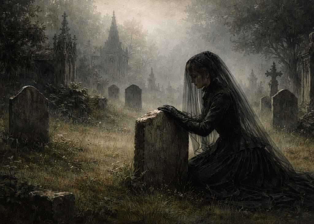 A widow dressed in black and veiled, kneeling in front of a tombstone in a cemetery.