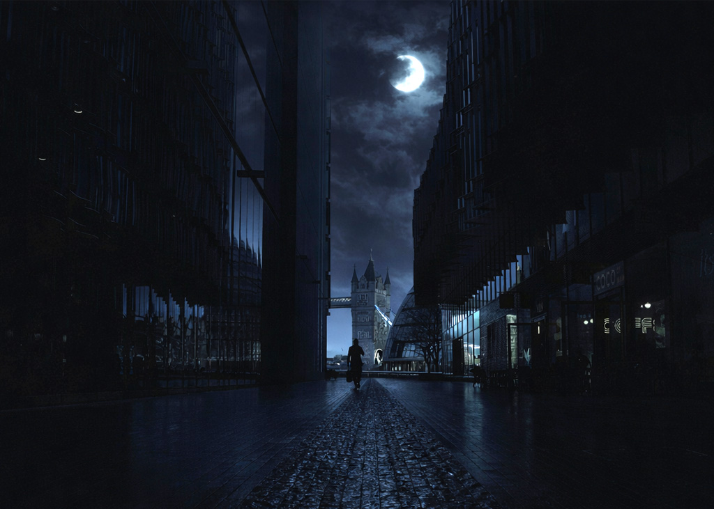 Corridor leading to the London Bridge at night with the moon in the sky and a silhouette of a person walking the distance.