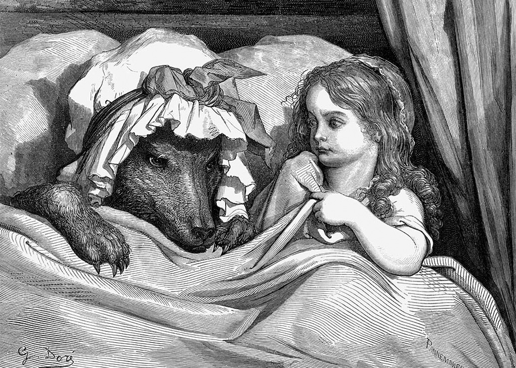 Illustration of Little Red Riding Hood in bed with the wolf. Illustrated by Gustave Doré, 1862