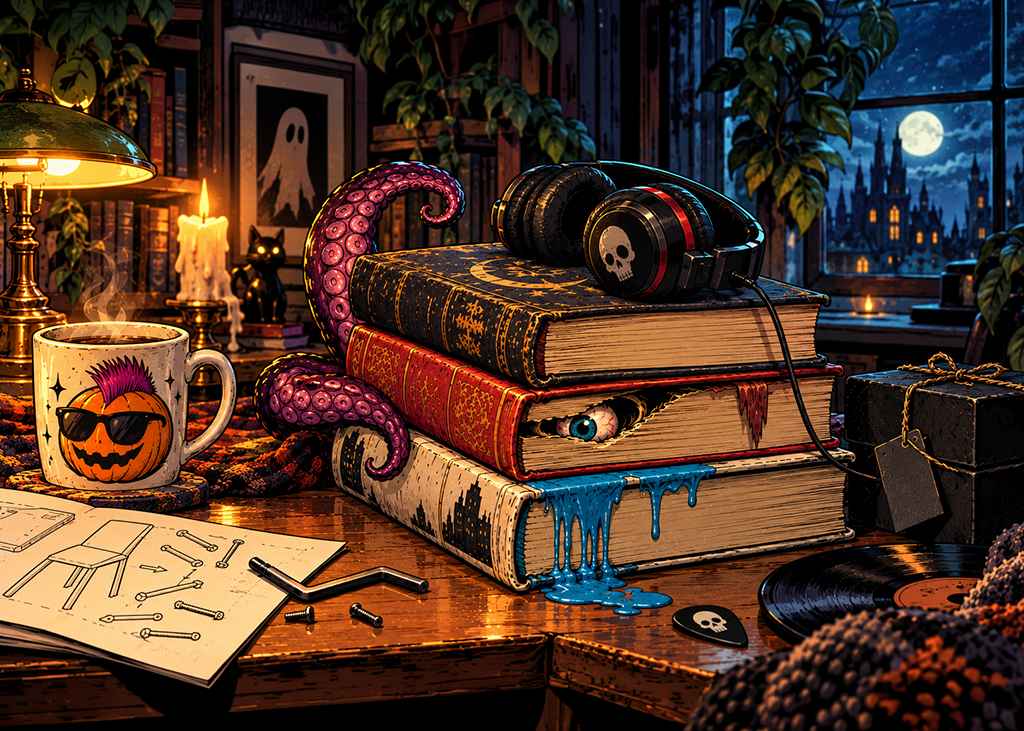 Comic-style illustration of three old books on a moonlit desk, with headphones, a tentacle, a watchful eye, dripping blue paint, a mystery box, and a punk pumpkin mug.