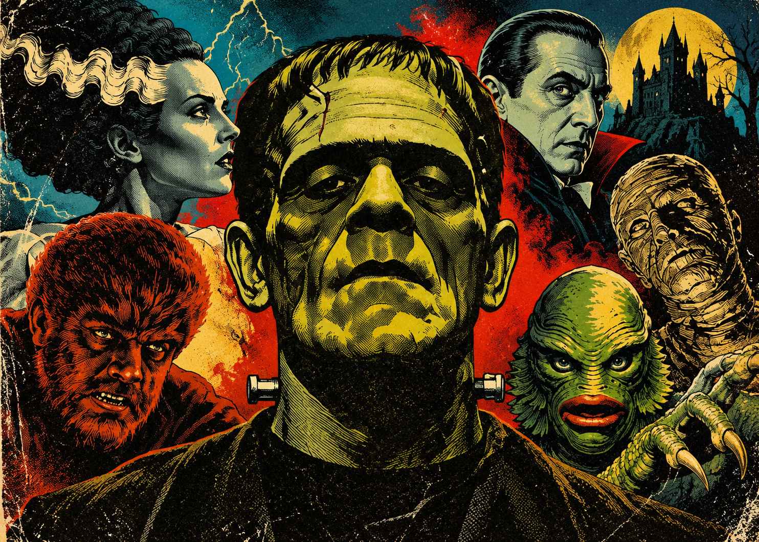 Vintage horror comic-style illustration featuring Frankenstein's Monster in the foreground, surrounded by the Bride of Frankenstein, Dracula, the Wolf Man, the Mummy, and the Creature from the Black Lagoon, against a colorful Gothic backdrop of lightning and a haunted castle.